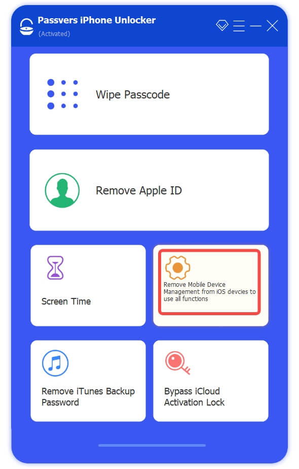 Passvers iPhone Unlocker új MDM bypass funkciója: Biztonságos? 2 Passvers iPhone Unlocker műszerfala