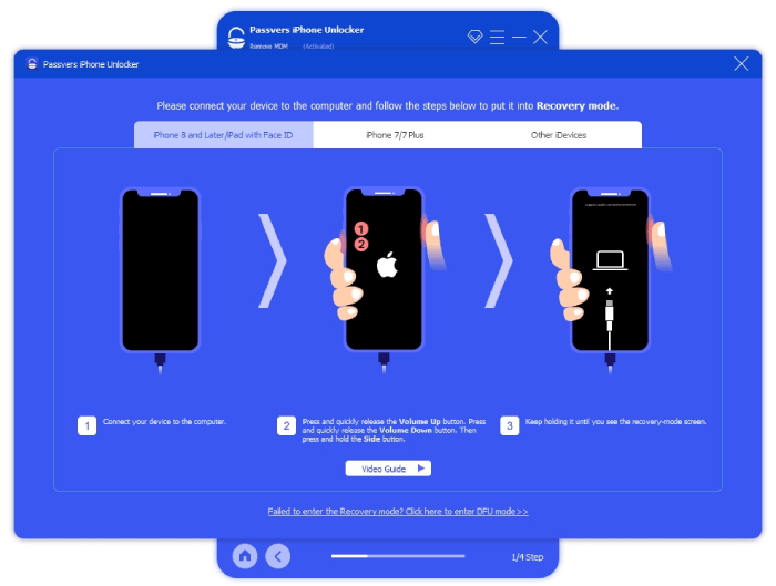 Passvers iPhone Unlocker új MDM bypass funkciója: Biztonságos? 6 Útmutató az átutalók számára a helyreállítási módba váltáshoz
