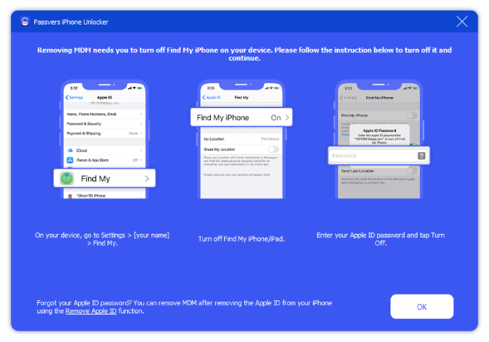 Passvers iPhone Unlocker új MDM bypass funkciója: Biztonságos? 3 Az átutazók lépésről lépésre szóló útmutatója a Find My funkció letiltásához