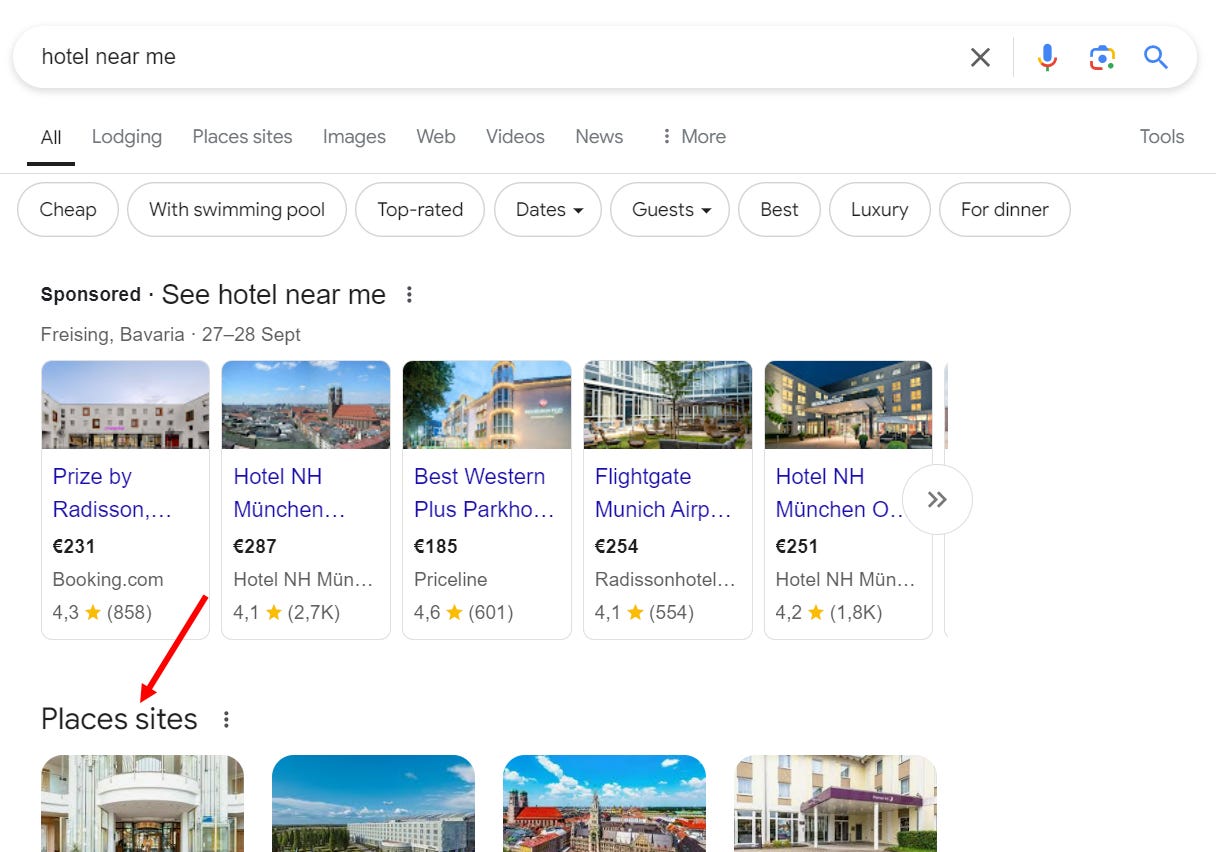 A „helyek webhelyei” a szállodák és „repülőhelyek” megfelelői.