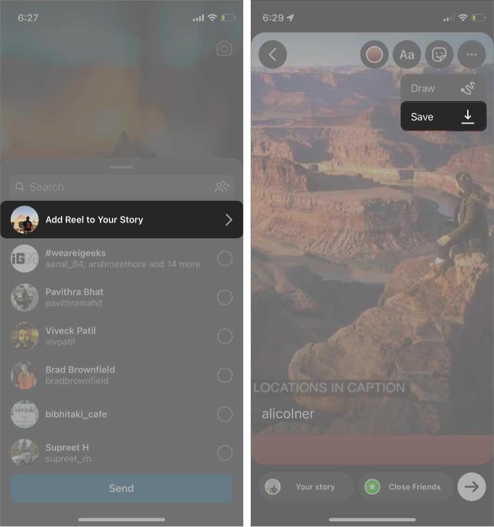 Hogyan töltsünk le Instagram-tekercseket iPhone-ra, Androidra és Desktop 5-re két képernyőkép az Instagram tekercsek történeteken keresztüli mentéséhez, az első kiemeli a tekercs hozzáadásának lehetőségét a történethez, a második pedig a mentés gombot