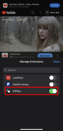 A YouTube lejátszása a háttérben (Android és iPhone) 14 Képernyőkép a Toggle PiPifier Extensionről a Safari rendszeren