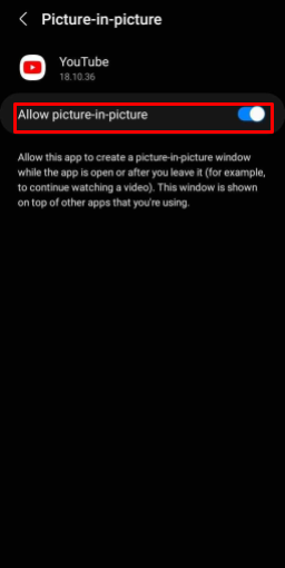 A YouTube lejátszása a háttérben (Android és iPhone) 16 Képernyőkép az Android telefon „Allows Pip in Youtube” üzenetről