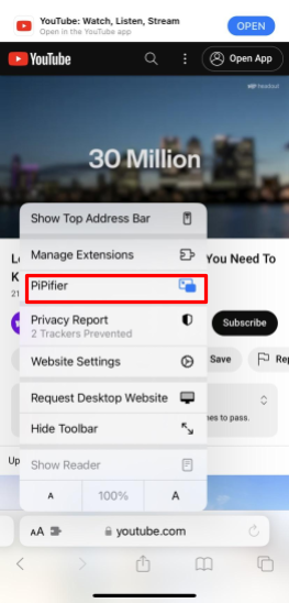 A YouTube lejátszása a háttérben (Android és iPhone) 15 Képernyőkép a Safari Browser PiPifier beállításáról a YouTube videóhoz