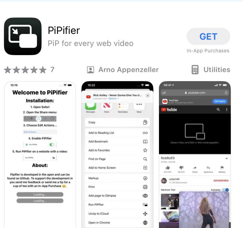 A YouTube lejátszása a háttérben (Android és iPhone) 12 Képernyőkép a PiPifier bővítményről az App Store-ból