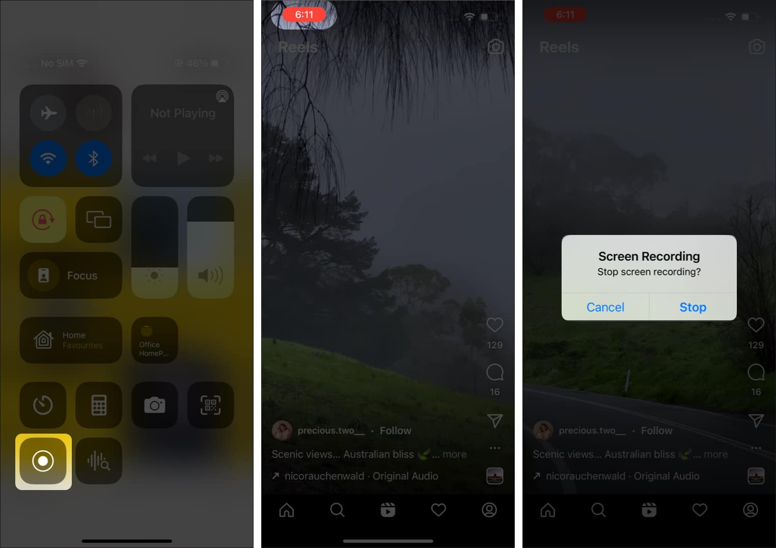 Az Instagram tekercsek letöltése iPhone-ra, Androidra és asztali számítógépre 1 Az iphone képernyőrögzítés funkciója három képernyőképen, az első a képernyőrögzítés ikonját emeli ki a Vezérlőközpontban, a második az időzítőt, a harmadik pedig a felvétel leállítására szolgáló felugró üzenetet