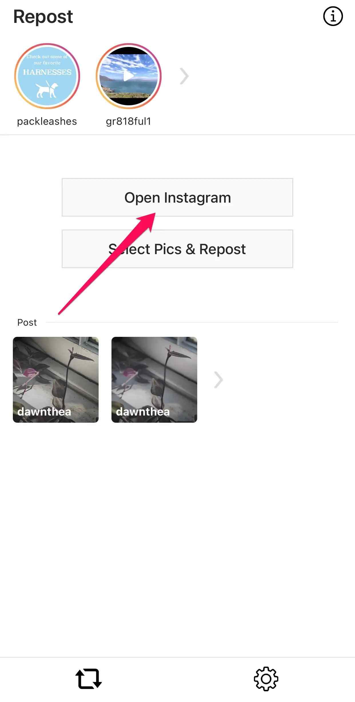 Hogyan töltsünk le Instagram-tekercseket iPhone-ra, Androidra és Desktop 2-re egy nyíl, amely az Instagram megnyitott gombjára mutat az azonnali mentés alkalmazásban