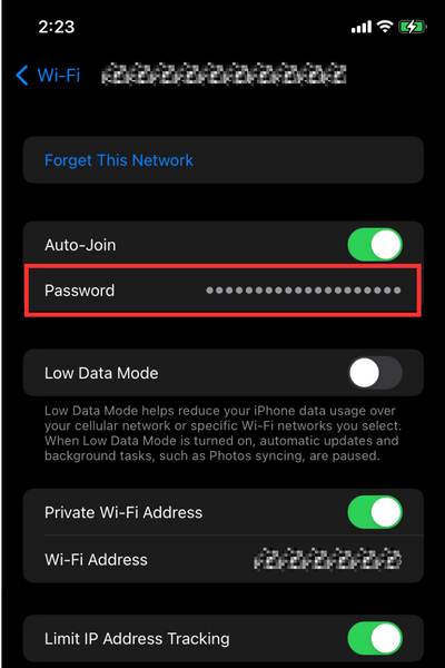 Hogyan találhat Wi-Fi jelszót iPhone-on 3 egyszerű trükkben 4 Képernyőkép a fokozott biztonság érdekében lefedett Wi-Fi jelszóról