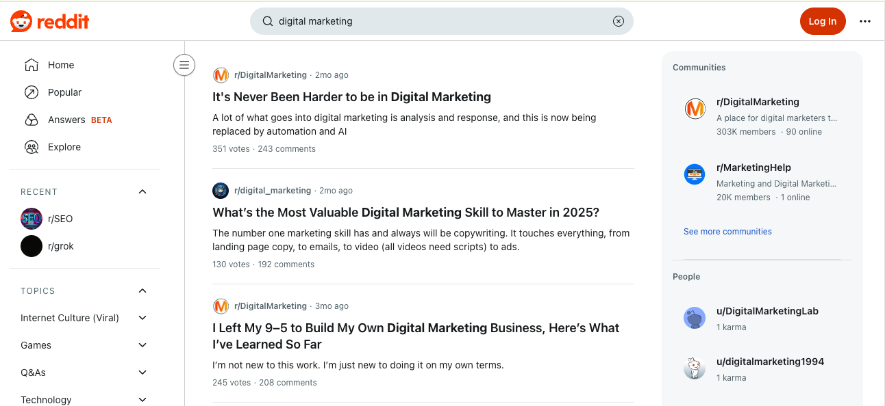 Keressen rá a (digitális marketing) kifejezésre a Redditen