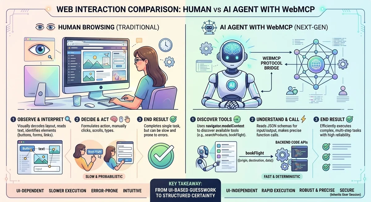 Infografika, amely összehasonlítja a hagyományos emberi webböngészést az AI-ügynök interakcióval a WebMCP protokoll használatával.